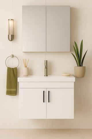 Luna 65 Cm Ahşap Camlı Üst Modül Ve Seramik Lavabolu, Mdf Banyo Dolabı Takımı Beyaz