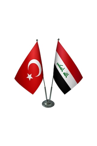 Masa Üstü Irak Bayrağı Türk Bayrağı İkili Krom Direk Masa Bayrak