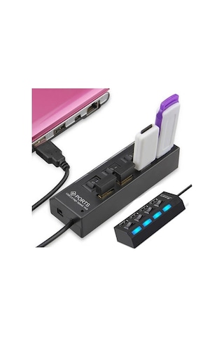 4 Port Usb 2.0 Çoklayıcı Hub Işıklı On Off Düğmeli Adaptörlü (533634797)