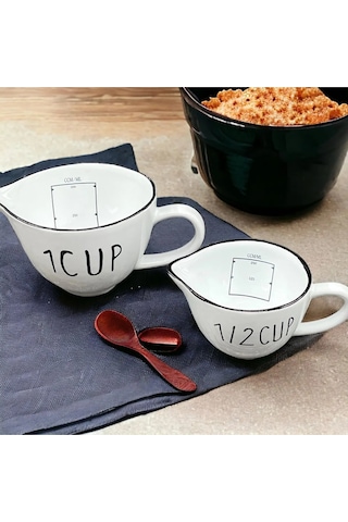 Seramik 2'li Ölçü Kabı Seti - 1 Cup 500 Ml Ve 1/2 Cup 250 Ml Kapasiteli, Beyaz