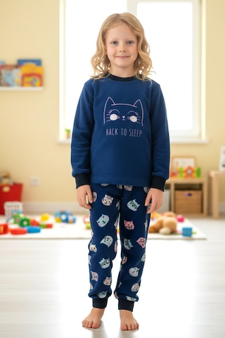 Kız Çocuk Kadife Polar Desenli Pijama Takımı 1682 Lacivert Lacivert