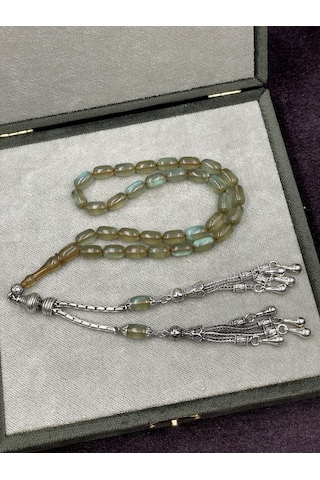 Alpaka Çift Kamçılı Sedef Simli Ateş Kehribar Tesbih Bal-nane, 7x11 Mm Sarı