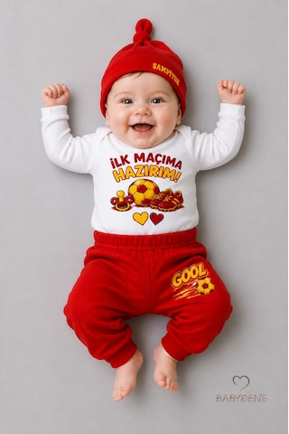 Babyden's Bebek 3'lü Takım Sarı Kırmızı Taraftar Temalı Uzun Kol %100 Pamuk Yenidoğan Seti İlk Maçıma Hazırım