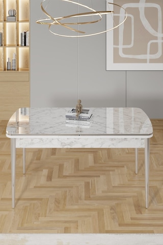 Canisa Rada Serisi 80x132 Açılabilir Lak Panel Beyaz Mermer Desen Masa 6 Cappucino Sandalye Krom Detay Masa Beyaz Mermer Desen Sandalye Cappucino