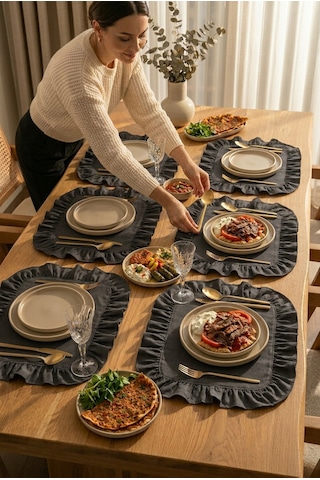 Pamuklu Fırfırlı Kare Supla 6'lı Set Amerikan Servis 33 Cm Supla Gri