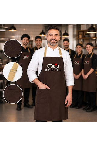 Logonuza Özel 10 Adet Mutfak Önlüğü Koyu Kahverengi - Bej Ayarlanabilir Boyun Askısı - Ön Cepli