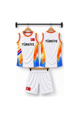 Sonvadi Çocuk Basketbol Forması Türkiye Armalı Beyaz 3 Parça Çorap Beyaz