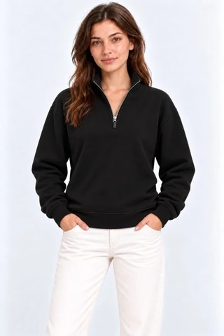N11 Üç İplik İçi Şardonlu Dik Yaka Yarım Fermuarlı Kışlık Sweatshirt - Siyah