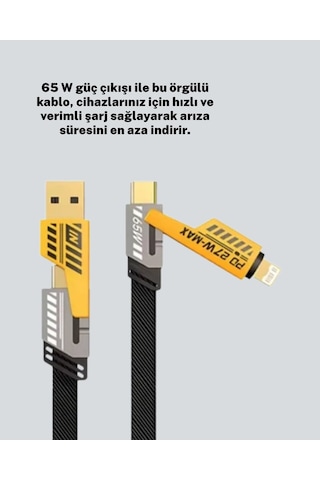 Hızlı Şarj Destekli 65w Örgülü Usb-c Ve Usb-a Çoklu Şarj Kablosu Diğer