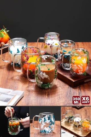 6lı Çiçekli Bardak 350 Ml Cup Çiçekli Çift Çidarlı Flower El Yapımı Borosilikat Kulplu Kahve Sunum Çok Renkli