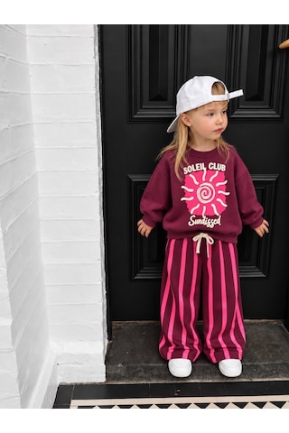 Soleil Club Baskılı Mürdüm Sweatshirt Çizgili Kız Çocuk Alt Üst Takım Süper Kalite 3ip Pembe