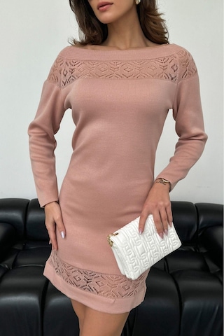 Aqe Fashion Kadın Kayık Yaka Yakası Dantel Detaylı Mint Triko Elbise Pudra