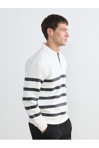 Lcw Vision Beyaz Polo Yaka Çizgili Erkek Kalın Sweatshirt