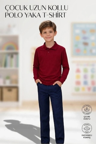 Erdem Kıds Unisex Kız Erkek Çocuk Polo Yaka Pamuklu Uzun Kol Bordo Günlük Basic Okul Tişört