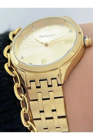Ferrucci Gold Renk Çelik Şık Kadın Kol Saati+bileklik Hediye Gold