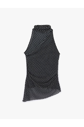 Koton Slim Fit Asimetrik Kesim Kolsuz Dik Halter Yaka Puantiyeli Tül Bluz Siyah Desenli 6sak10047ek Bdl
