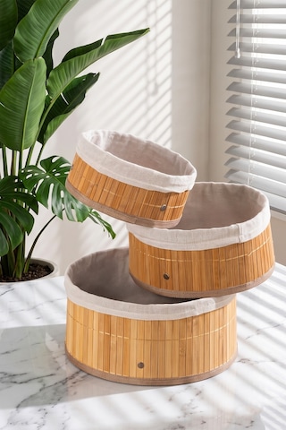 Porsima Pbt-598 3lü Hasır Sepet Kapaklı Yuvarlak Bambu Sepet Seti Dekoratif Banyo Mutfak Düzenleyici Organizeri