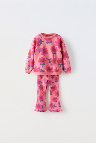 Magu Kız Çocuk Pamuklu Çiçek Desenli Pembe Sweatshirt Ve Tayt Takımı Çok Renkli