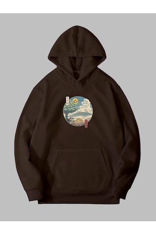 Harmandar Üç İplik Totoro Baskılı Unisex Kahverengi Kanguru Cepli Kapüşonlu Sweatshirt Hoodie Totorokahverengisweat