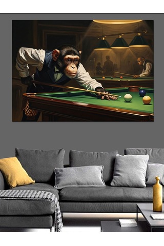 Ahşap Tablo Bilardo Oynayan Takım Elbiseli Maymun İnsan Figürlü Tablolar