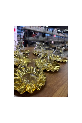 Metal Bardak Altlığı,cam Tiryaki Bardaklı Çay Seti,6 Kişilik12parça Çay Takımı,lüks,metal Çay Tabağı Gold