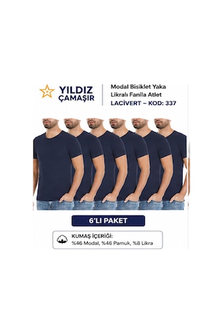 Yıldız Çamaşır Erkek Modal Bisiklet Yaka Likralı Fanila Atlet 335-336-337-338 - 6 Adet Lacivert