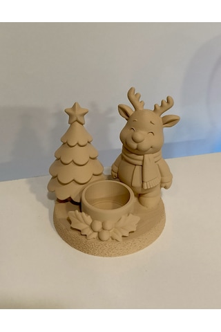 Yılbaşı Temalı Geyik Ve Çam Ağacı Temalı Dekoratif Mumluk 4'lü Set Bej