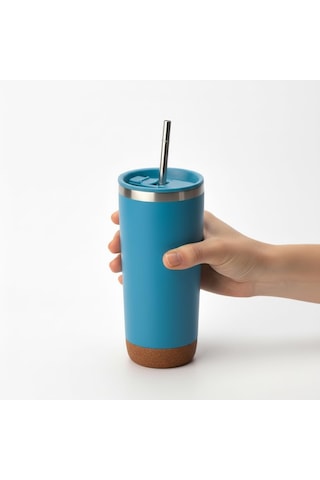 590 Ml Paslanmaz Çelik Pipetli Termos Kupa - 4 Renk Seçeneği Siyah, Yeşil, Gri, Mavi - Sıcak Ve Soğuk Tutan Mug - Araç Ve Ofis Bardağı Mavi Çok Renkli