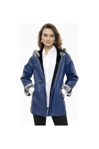 Mavi Perla Geniş Kesim İçi Kumaş Çift Taraflı Kapüşon Ve Kol Ağzı Kürklü Kadın Hakiki Deri Kaban-mavi Mavi