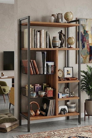 Modern Çok Amaçlı Kitaplık, Metal Ve Ahşap Raf Ünitesi, 4 Katlı, 2 Metal Sepetli, Ofis Ve Ev İçin Düzenleyici Çok Renkli