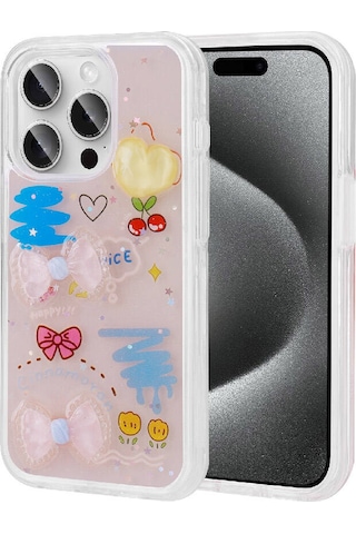 Nourthkiingdom Apple Uyumlu iPhone 15 Pro Kabartma Figürlü Parlak Nrtk Minimini Silikon Kılıf-pembe Pembe