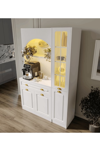 Guneystore Armoni Gold Midi Kahve Köşesi Sağ Vitrinli Komple Mdf Beyaz