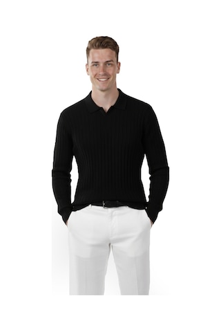 Deepsea Erkek Siyah Polo Yaka Fitilli Triko Kazak %100 Pamuk, Esnek Dokulu, Modern Kalıp 2605305 Siyah