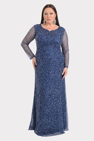 Lilas Xxl Kadın Büyük Beden Kalp Yaka Uzun Kollu Abiye Elbise 9471 Lacivert Lacivert