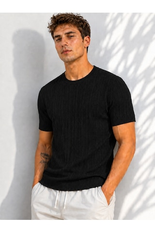 Ribana Erkek Bisiklet Yaka Kısa Kollu Esnek Örme Triko T-shirt 26091 Siyah