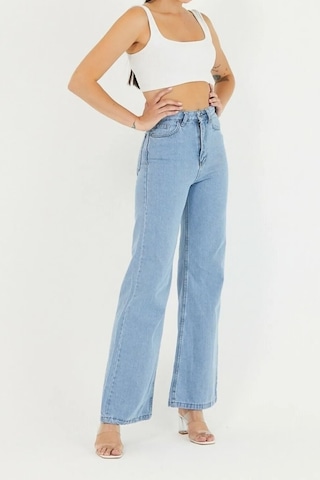 Palazzo Pantolon Buz Mavi Yüksek Bel Geniş Paça Bol Kesim Premium Jeans Buz Mavi
