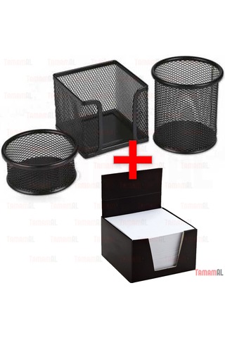 Ofis Masa Set Kalemlik + Küp Bloknot Kağ + Ataçlık 3+1 Metal File