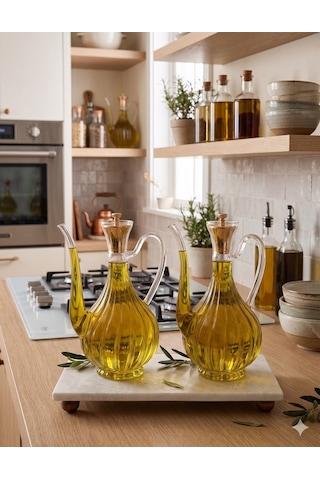 Çizgili Tasarım Gold Kafalı Mermer Stantlı Borosilikat Cam Glorry Cam Yağlık 700 Ml+700 Ml Şeffaf