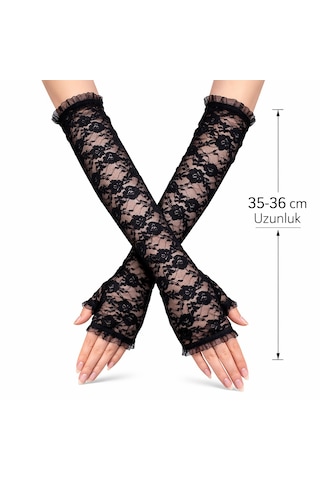 Savarga Uzun Zarif Dantel Eldiven Parmaksız Siyah 35 Cm 4801