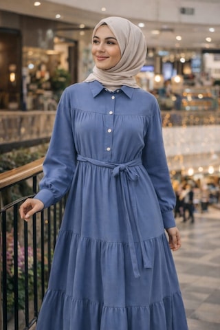 Mavi Göğse Kadar Düğmeli Belden Kuşaklı Uzun Tesettür Elbise 140 Cm Gömlek Elbise