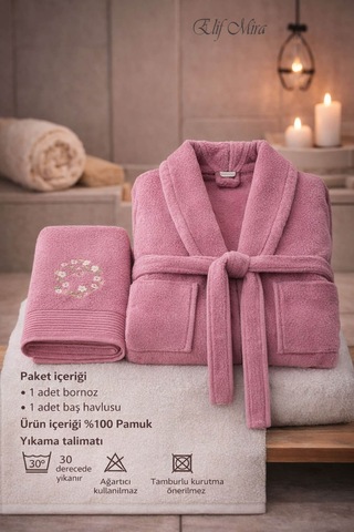 Tek Kişilik Banyo Havlulu Bornoz Seti Pamuklu Bukle Şalyaka Nuvia Mürdüm