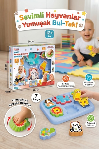7 Parça Yumuşak Hayvan Şekilli Bul-tak Eğitici Bebek Oyuncağı 12+ Ay
