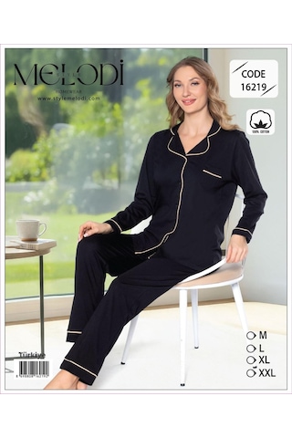Melodi Kadın %100 Pamuk Önden Düğmeli Uzun Kol Baharlık Pijama Takımı 16219 - 1 Adet Siyah