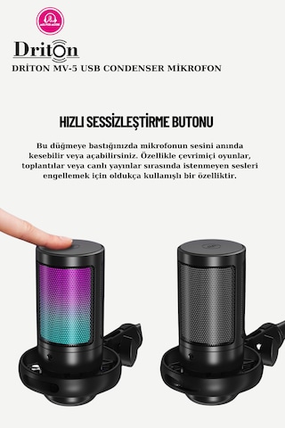 Driton Driton Youtuber Mikrofon Mv-5 Siyah Rgb Usb Oyuncu Yayıncı