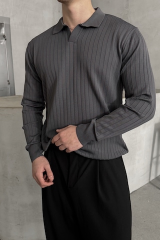Erkek Polo Yaka Fitilli Oversize Triko Kazak Antrasit