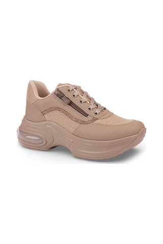 Modalendo 1511-26 Cilt Deri Simli Şeritli Anatomik Bağcıklı Kadın Sneaker Bej