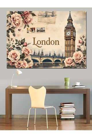 Güller Ve Londra Big Ben Dekoratif Kanvas - Mdf Ahşap Tablo