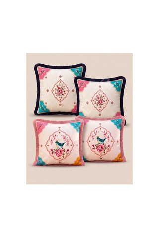 Kuş Ve Çiçek Desenli 4 Lü Saçaklı Kırlent Kılıfı 45 x 45