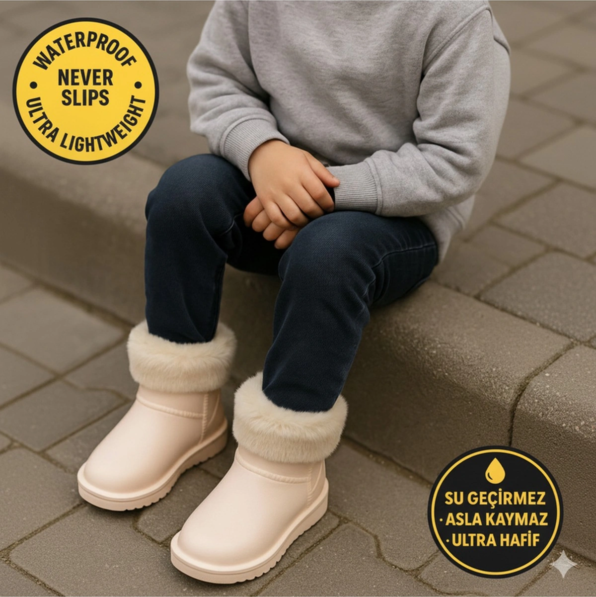 Çocuk Kışlık Kar Yağmur Botu Su Geçirmez, Peluş Astarlı, Eva W10290-225 Tokio Borreguito Modeli Bej