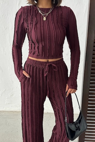 Trend Alisse Bordo Kışlık Premium Fitilli Parmak Geçmeli Crop Bluz Bol Paça Pantolon Takımı